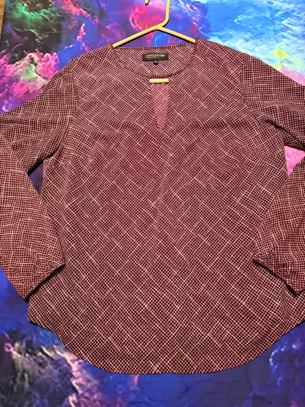 Jones New York Burgandy and White Grid Print Blouse
